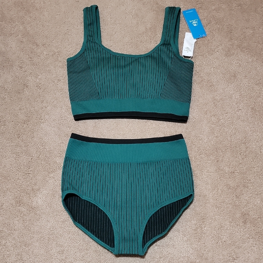 Cupshe Teal Ribbed High-Waist Bikini Set with Black Trim